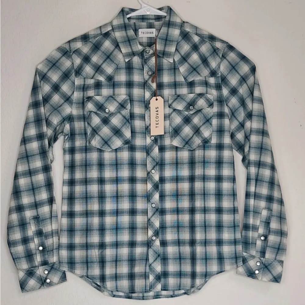 Tecovas Brushed Cotton Pearl Snap Green Plaid Cotton Size S Mens NEW